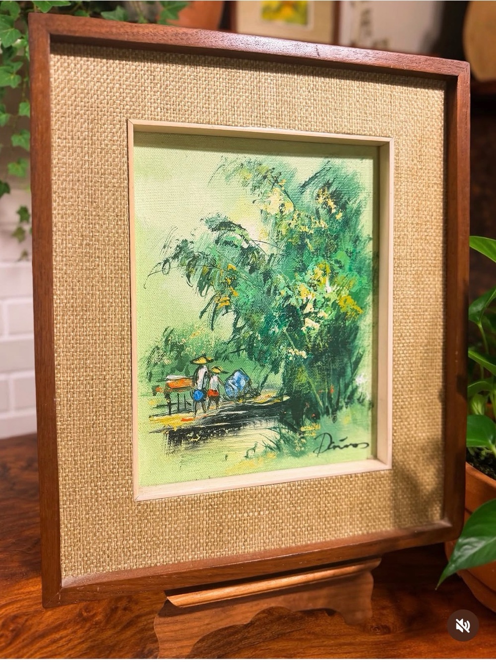 Vintage Original Signed Oil Painting Landscape Wood Frame Grasscloth
